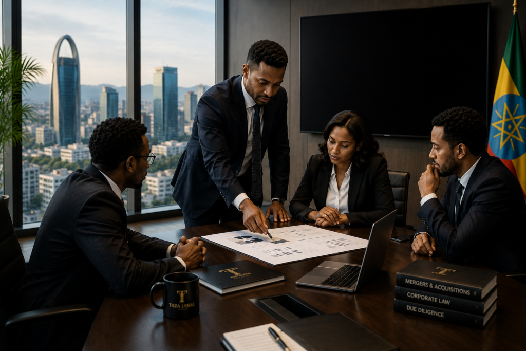 Corporate executives reviewing investment and acquisition documents related to the privatization of public enterprises in Ethiopia.