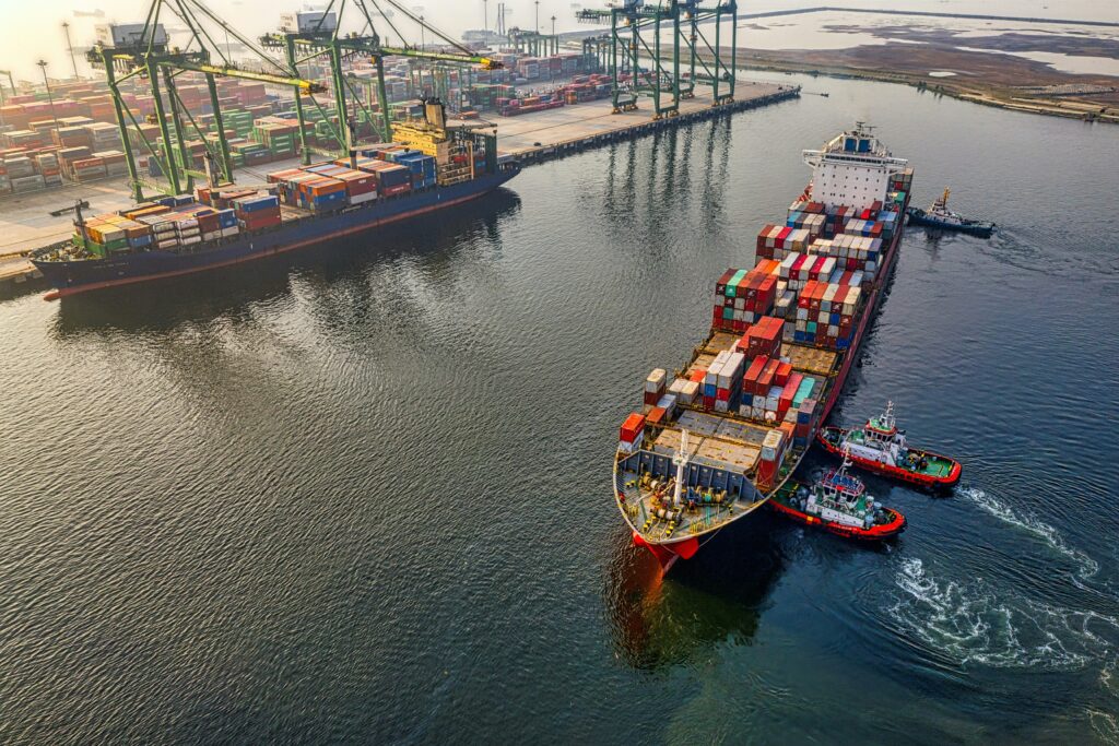 Modern container port and shipping logistics infrastructure representing the liberalization of Ethiopia's logistics sector and foreign investment participation.