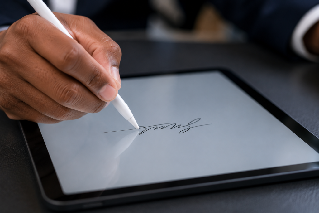 Professional electronically signing a digital document representing Ethiopia's electronic signature and digital transaction framework.